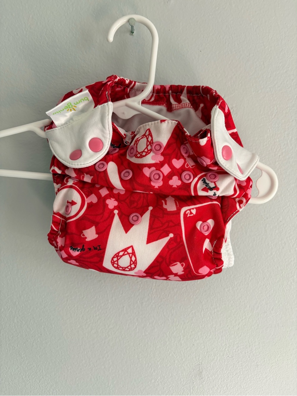 Bum Genius Alice in Wonderland Red Cloth Diaper Snap Closure